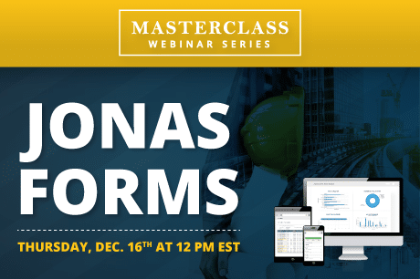 the Jonas Construction Software logo, calendar icon with the event date, clock icon indicating the webinar time and an image of a digital form depicting operational management.