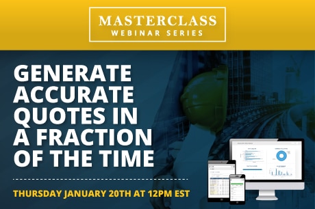 on the right.

Alt text 1: "Promotional banner of a masterclass webinar titled 'Generate accurate quotes in a fraction of the time', highlighting two mechanical contractors inspecting railway tracks."

Alt text 2: "Image featuring desktop with data graphs and software analytics, indicative of efficient quote generation in construction industry.
