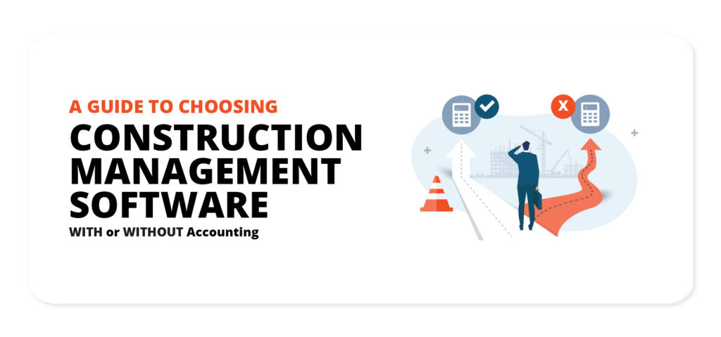 Alt text: Illustration showcasing a guide to selecting construction management software pertinent to specialty contractors. The image features a figure donning a hardhat, multiple charts representing data analysis, vibrant orange construction cones implying project hurdles, and multifaceted directional arrows pointing towards diverse software options—signifying the choice between solutions integrated with advanced accounting features or without.