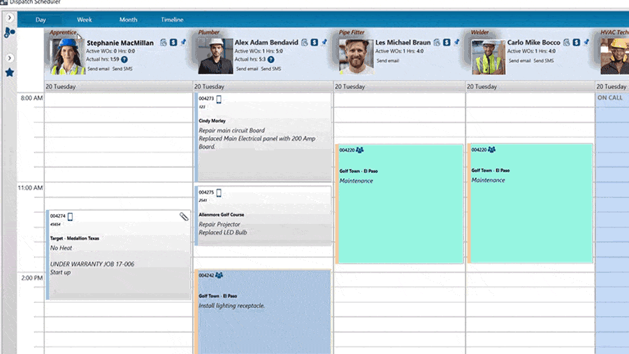 Alt text: Screenshot of Jonas Construction software interface showing a schedule with overlapping appointment windows. Each window details different construction tasks like 'replace main electrical panel' and 'oven maintenance', slotted at various times and marked with the respective contractor's name.