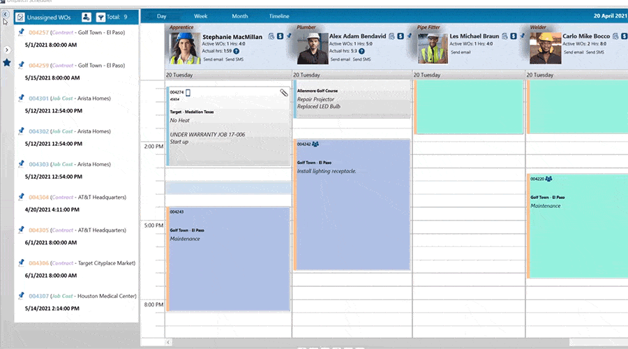 . Appointment snippets show the task title, construction site name and assigned employees. On the right-hand side, there's a drop-down panel listing all projects in progress, prioritized by deadline dates if any.