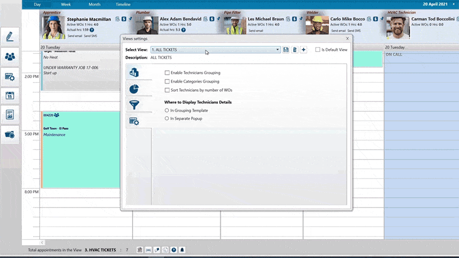 visible on the screen.

Alt text: This image depicts a screenshot of Jonas Construction accounting software's interface. It features an open settings dialog box with 'enable technicians grouping' and 'display technician details' options, alongside various user account profiles displayed on the screen.