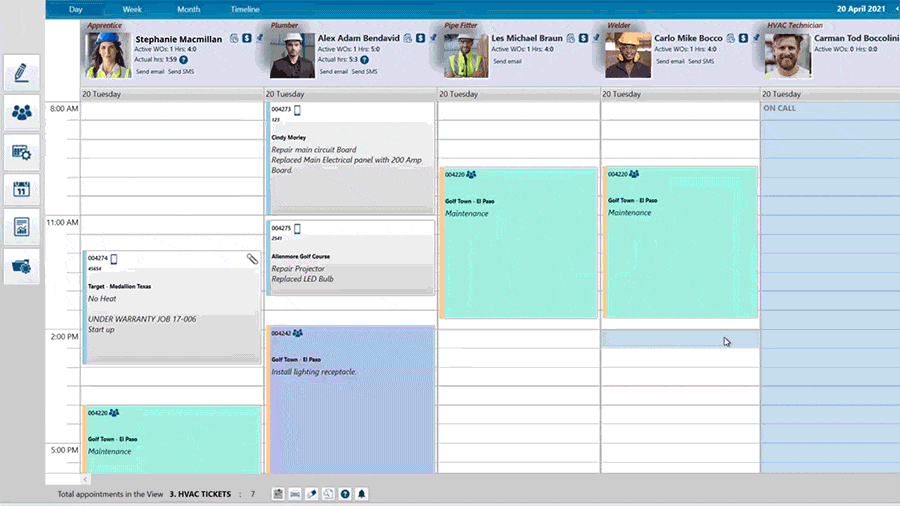 Alt text: Screenshot of Jonas Construction Software's digital calendar, showing a weekly interface with scheduled appointments and maintenance tasks. The columns are labeled with various team member names, indicating a collaborative scheduling system for mechanical and specialty contractors.