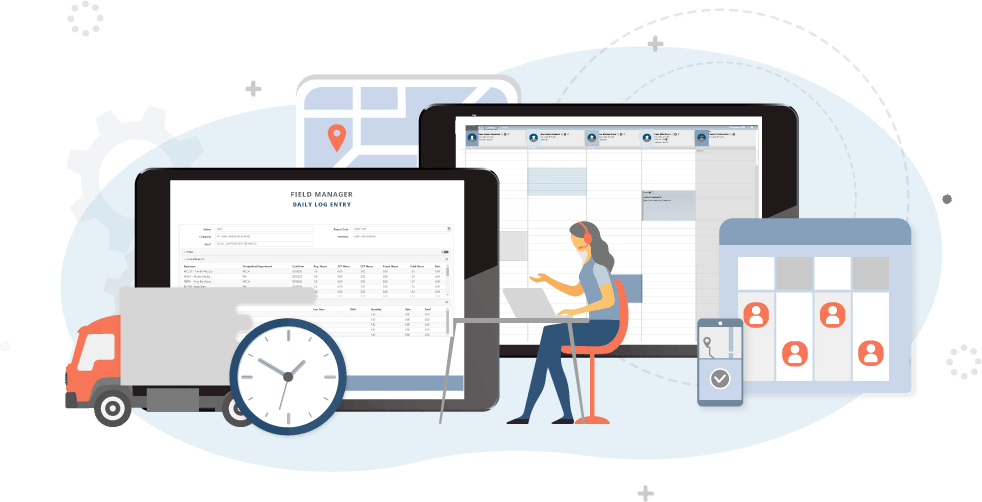 Alt text: Female logistics manager efficiently multitasking on her laptop, monitoring a fleet management system, planning a delivery schedule, utilizing construction software, and maintaining data security across multiple devices.