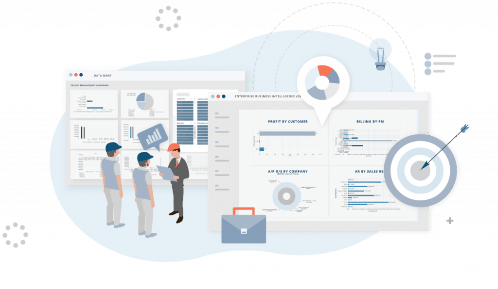 Alt text: A group of two male and two female specialty contractors engaged in a conversation about the analytics dashboard provided by Jonas Construction Software, which showcases numerous graphs, charts and data metrics for depiction of construction project progress.