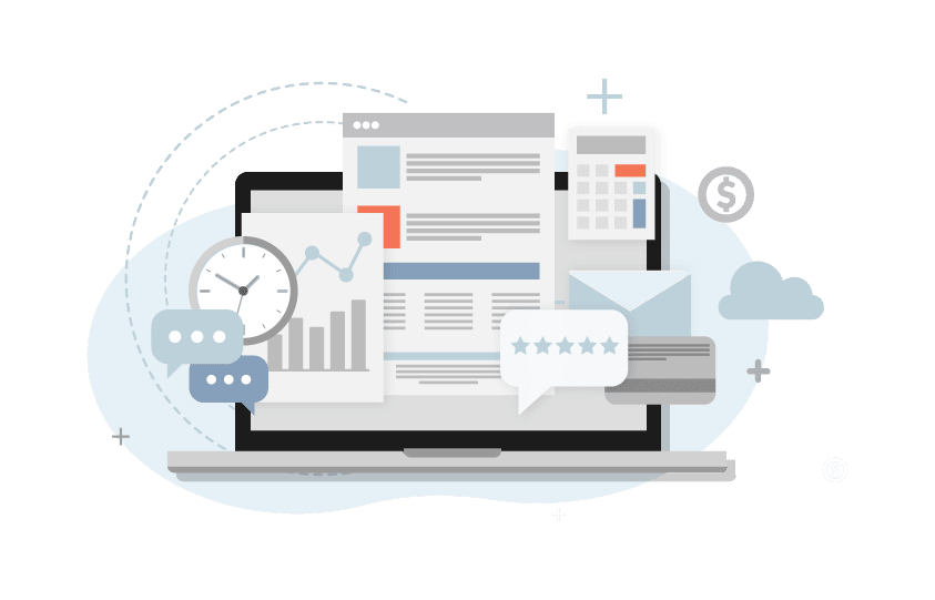 Alt text: Laptop screen showcasing multiple business tools such as charts and construction accounting software, alongside icons like a clock, cloud, and dollar sign, indicating online business management and analytics capabilities.