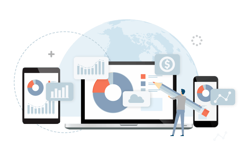 alt text is "Person using touch screen to interact with charts and financial symbols on various devices, representing global construction project management.