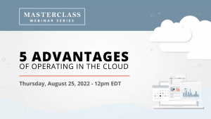 background in varying tones of blue and a picture of a cloud with arrows pointing in different directions, signifying the diverse advantages of cloud operations. The webinar details are written in modern, clear white fonts.