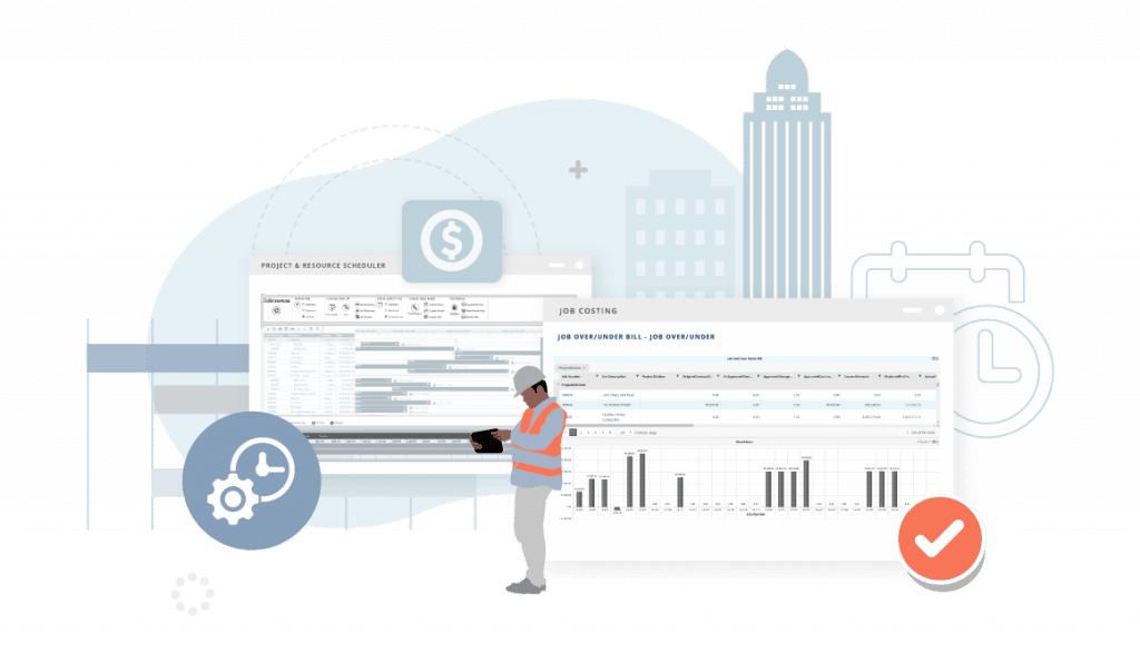 Construction worker analyzing project management and budget schedules on a digital display with Jonas Construction Software. Architectural structures and construction tools represent planning processes in the background.