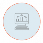 The alt text for this image is: "Minimalistic line drawing of a computer monitor presenting a bar graph, symbolizing Jonas Construction Software's data analysis capabilities, surrounded by a circle on a green backdrop.