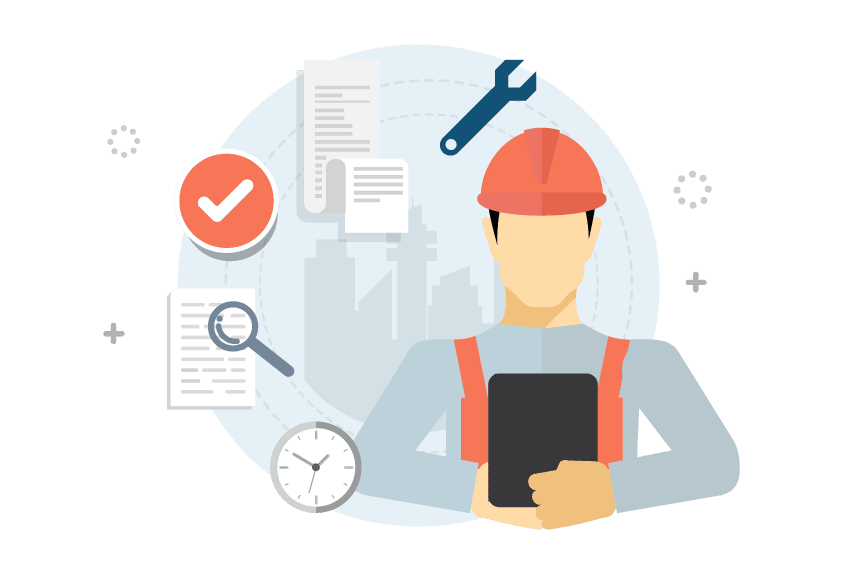 blue background. 

Alt text: Quality inspector examining Jonas Construction tools and documents with magnifying glass and check mark icons, symbolizing the thorough inspection process in our construction software solutions for Accounting & Payroll, Job Project Management, Service Management etc.