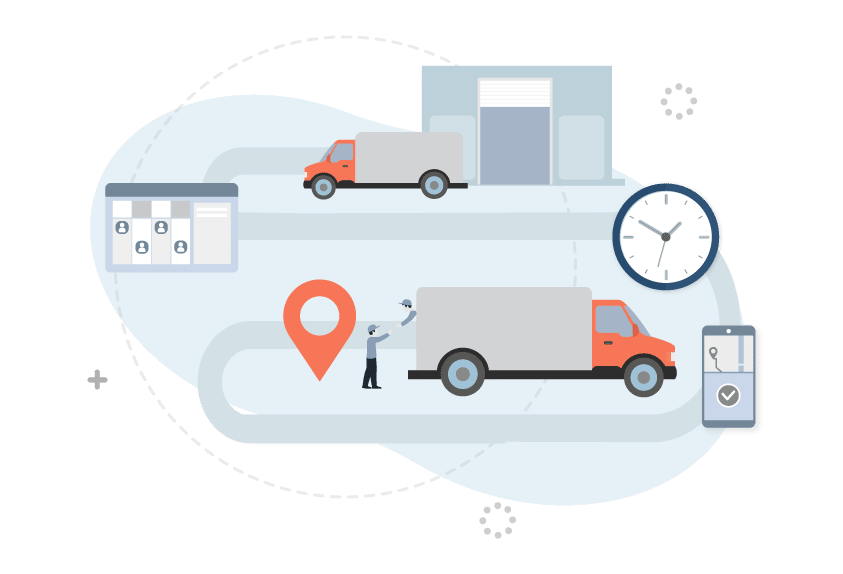 to signify tracking time, location, mobile access and paperwork involved in logistics management.