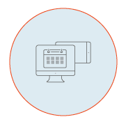 Icon of a simplified computer showcasing construction software, encased in a circular frame on a pastel green backdrop.