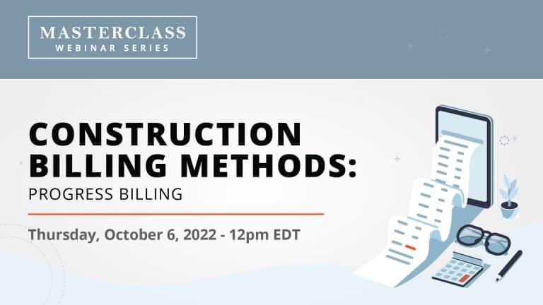 a calendar, and construction blueprints presented against a blue background with the Jonas Construction Software logo at the top. The text is mainly in white, with "Construction Billing Methods: Progress Billing" being distinctly highlighted in yellow.