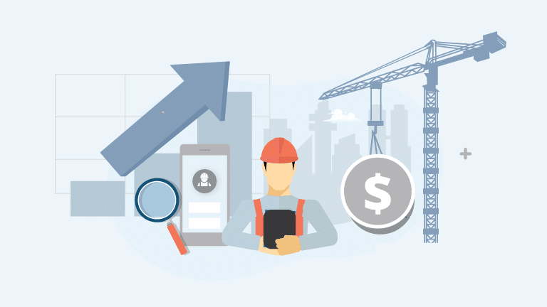 Alt text: Illustration of construction worker with clipboard alongside symbols representing analytics, mobile technology, growth and financial success. Skyscraper silhouettes provide a construction industry backdrop.