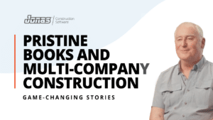 Alt text: An advertisement for Jonas Construction Software, featuring a picture of an elderly man smiling happily. Text on the left reads 'pristine books and mechanical contractors construction', emphasizing our area of expertise in the construction sector. The company logo is also visible, denoting credibility and professionalism. The overall theme projects a clean, organized visual message.