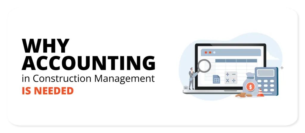 Alt-text: "Banner featuring an illustration of a magnifying glass inspecting financial charts on a computer screen, emphasising the importance of accounting in construction management for specialty contractors. In the background, a calculator and coins signify financial planning and budget control.