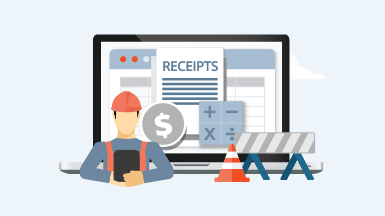 Alt text: Mechanical contractor wearing a hard hat, working on a laptop displaying finance-related icons such as receipts, calculator and dollar sign for construction financial management.