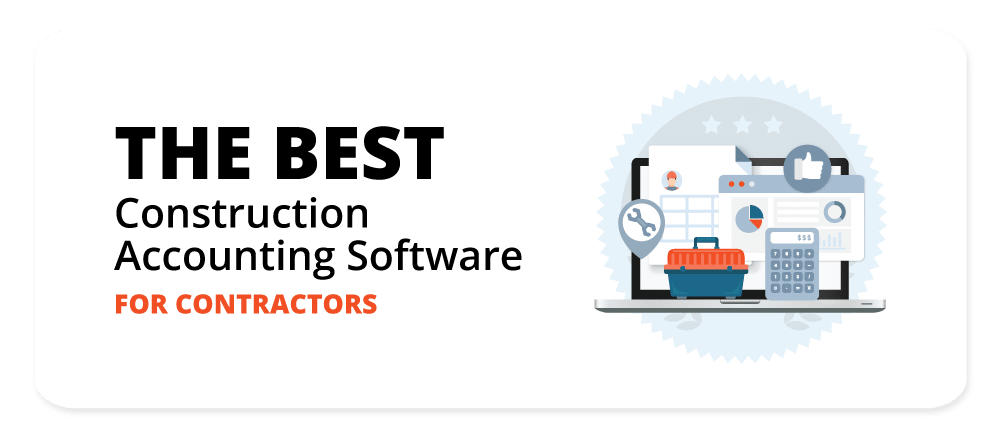 Banner graphic showcasing icons symbolizing construction accounting, including a calculator for financial calculations, blueprints for project planning, a hardhat indicating safety precautions and a magnifying glass representing detailed project oversight. All icons are set against an industrial gear-shaped backdrop demonstrating the integration of all aspects in one software platform. The caption claims Jonas Construction Software as the best choice for contractors.