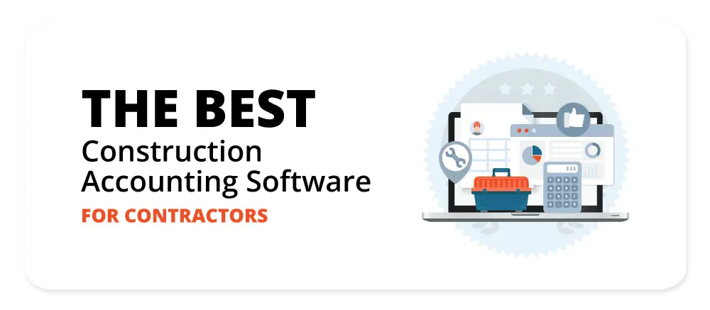 Banner graphic showcasing icons symbolizing construction accounting, including a calculator for financial calculations, blueprints for project planning, a hardhat indicating safety precautions and a magnifying glass representing detailed project oversight. All icons are set against an industrial gear-shaped backdrop demonstrating the integration of all aspects in one software platform. The caption claims Jonas Construction Software as the best choice for contractors.