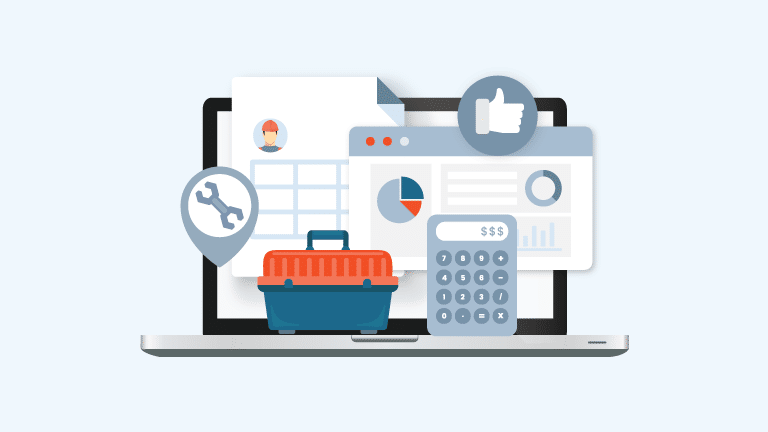 A laptop screen showcasing a range of business tools like graphs, a calculator, and a briefcase that signify the functionality and efficiency offered by Jonas Construction Software in boosting productivity and streamlining management processes.