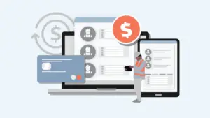 Illustration: A person wearing a hard hat and safety vest stands in front of oversized electronic devices, including a laptop, tablet, and credit card. The screens display profiles of workers, a dollar symbol, and circular arrows representing money flow or transactions. This image reflects the automation potential in accounting and payroll amid the construction labor shortage.